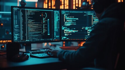 Hacker coding with dual monitors in a dimly lit room, focused on cybersecurity.