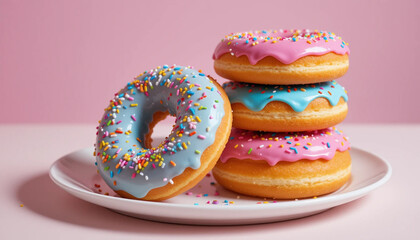 Colorful donuts on pastel background