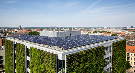 Fototapeta premium Green Building with Solar Panels Rooftop and Cityscape View under a Bright Sky, Eco-Friendly Urban Design.
