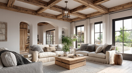 Fototapeta premium Modern farmhouse living room interior with cozy furniture, rustic wood accents, and bright natural light creating a warm inviting atmosphere.