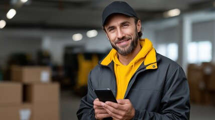 Warehouse worker scanning package barcode with handheld scanner inside logistics center
