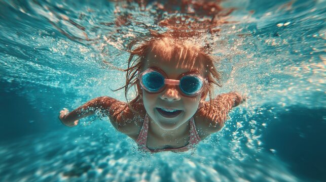 joyful girl kid learning to swim and dive underwater in pool. active lifestyle and swimming lessons for child on summer vacation
