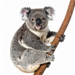 Naklejka premium Portrait of a Cute Gray Koala Gripping to a Branch on a White Background