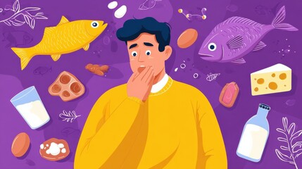 Man having food allergy symptoms to products like fish, milk and eggs. Food allergy, food alergen ingredient, allergy risk factor concept. Bright vibrant violet vector isolated illustration, no logos