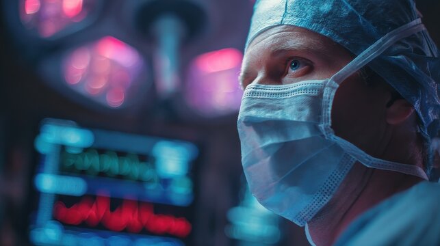 The surgeon in the operating room looks at the monitor screen, checks the indicators and controls the work of the robot