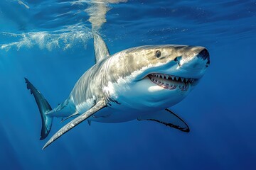 Fototapeta premium Great white shark cruising near surface, clean photography, high detailed