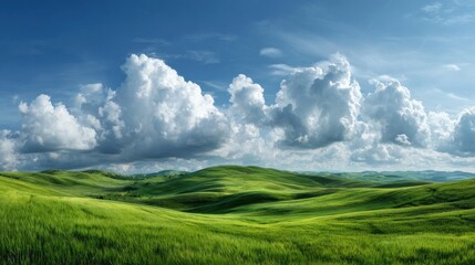 Obraz premium Beautiful Panorama of Rolling Green Fields. Spring or Summertime Background with White Fluffy Clouds and Natural Landscape.