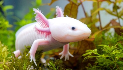 Obraz premium Close-up of a white Axolotl in a planted aquarium