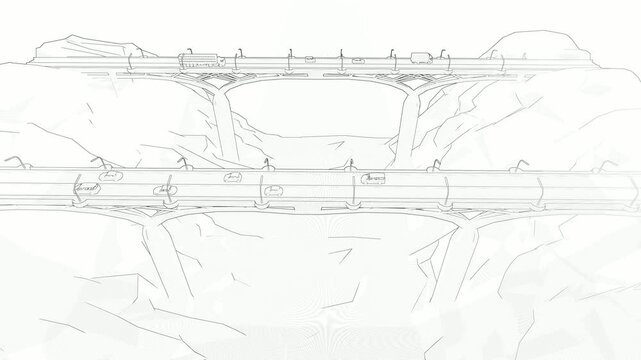 Clean white render of a bridge over canyon terrain with architectural style