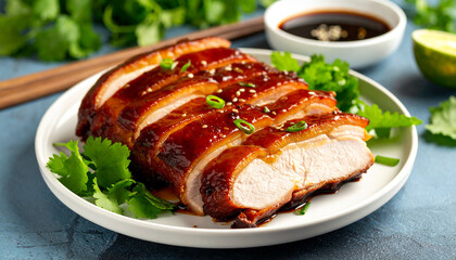 Char siu pork with herbs and sauce in ceramic plate. Tasty food. Chinese cuisine. Delicious dish.