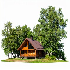 Obraz premium Secluded Wooden Cabin Among Green Trees in Summer Under Bright Daylight
