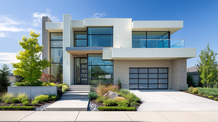 Fototapeta premium Modern minimalist house exterior with clean lines, simple facade, and elegant design, featuring natural tones and contemporary architecture style.