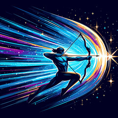 Dynamic Sagittarius zodiac illustration with archer leaping through cosmic waves and shooting an arrow at a star for energetic astrology art and celestial fire sign imagery