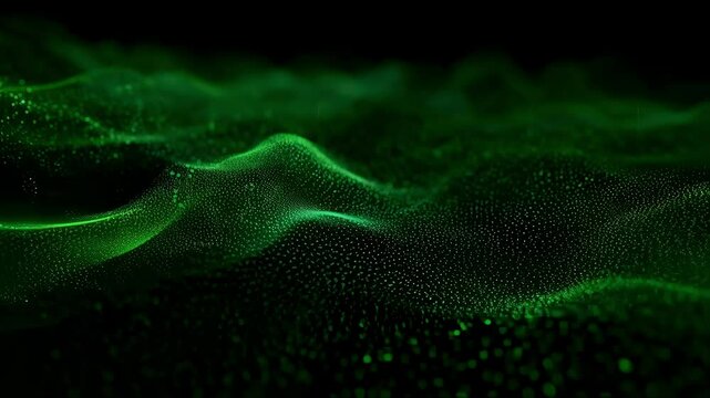 In a broader composition multiple green waveforms interlace and overlap forming a complex network of motion. The background is filled with animated particles that pulse and shift in