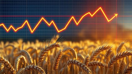 Analyzing wheat market trends agricultural fields data visualization sunset aerial view economic insights