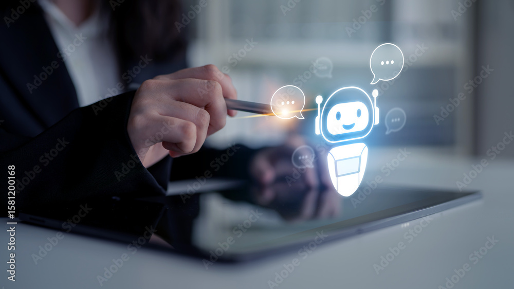 Poster ai chatbot virtual assistant interacting with users through ai conversation bubbles, symbolizing ai 