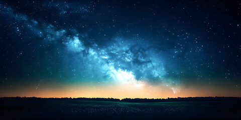 Night sky filled with stars and a vibrant Milky Way galaxy over a serene landscape, showcasing the beauty of the cosmos and the vastness of the universe