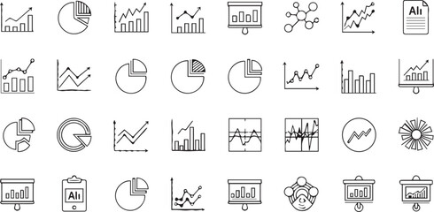 Analytics and chart outline icons vector set on a white background