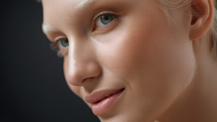 Close-up portrait of young woman with flawless natural skin and serene expression on dark background