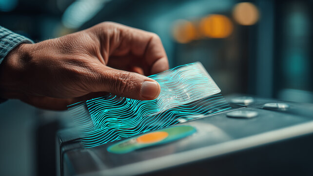 A biometric contactless smart card gliding over a transit reader, capturing modern cashless access and secure urban mobility convenience
