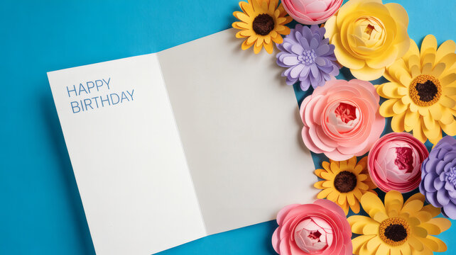 Open birthday card with colorful paper flowers on vibrant blue background conveying celebration and joy