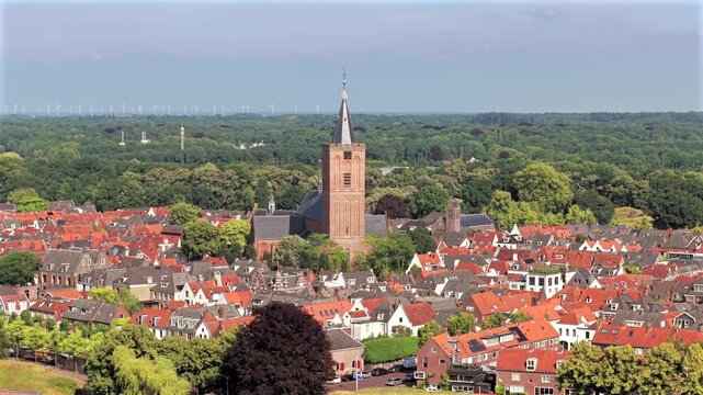 Aerial view of Naarden star fortress surrounded by moat in Netherlands