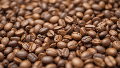 Obraz premium Freshly roasted coffee beans display a glossy finish and varying shades of brown in a close-up view. The arrangement enhances their texture and appeal, perfect for coffee enthusiasts