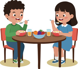 Children eating breakfast together at round table healthy morning meal with fruit and juice cheerful vector illustration