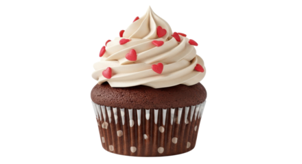 Delightful chocolate cupcake with creamy frosting and red hearts on a clean transparent background, perfect for sweet treats and festive celebrations.