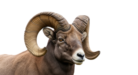 Majestic bighorn ram portrait showcases its impressive curled horns against a solid transparent background, emphasizing wildlife beauty.