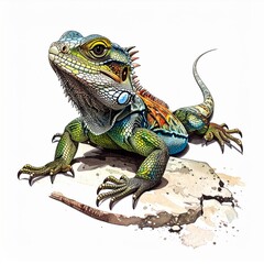 Obraz premium Detailed Watercolor Painting of a Colorful Lizard Sitting on Stone in Studio
