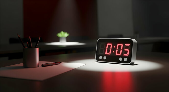 Early Morning Workspace Featuring a Digital Alarm Clock and Minimalist Design