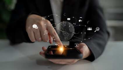 Visualization of global digital communication and online across multiple platforms, including global network, digital network, communication network, and online network. Latch