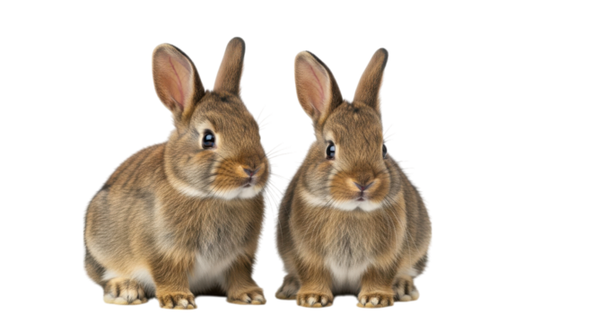Two adorable brown rabbits sit side by side against a dark backdrop, showcasing their soft fur and endearing expressions, transparent background