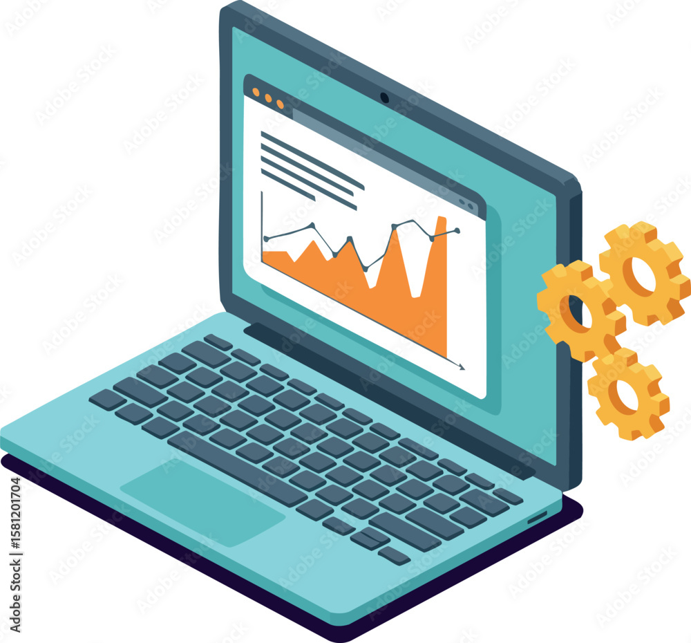 Poster laptop with orange graph analytics and yellow gears representing technology and data processing vect