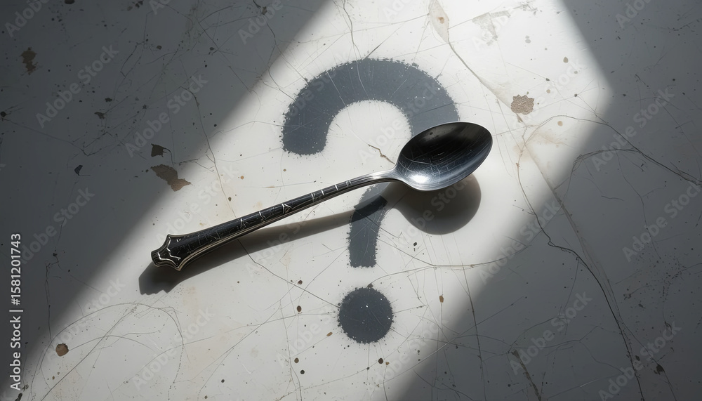 Poster a shiny spoon rests on a textured surface marked with a question mark, illuminated by light streamin