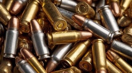 A collection of ammunition is displayed, featuring different styles and colors of bullets. The metallic casings reflect light, highlighting their distinct finishes and shapes.