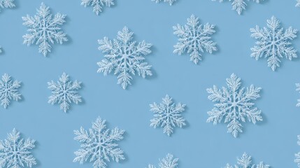 White snowflakes on a plain white or blue background, highlighting their unique symmetrical patterns. SEAMLESS PATTERN. SEAMLESS WALLPAPER.