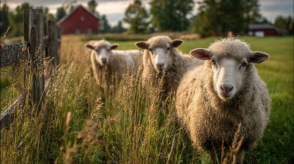Obraz premium Sheep graze peacefully in a field of tall grass, enjoying the warm sunlight on a farm.