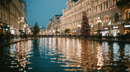 Fototapeta premium Festive Cityscape Amidst Holiday Lights Reflecting on Tranquil Water in Bustling Urban Evening
