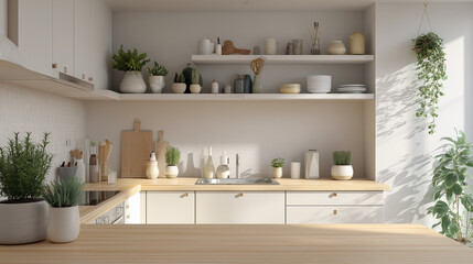 Modern Scandinavian kitchen interior with minimalist design, bright tones, wooden furniture, and clean aesthetic style, perfect for home and lifestyle concepts.