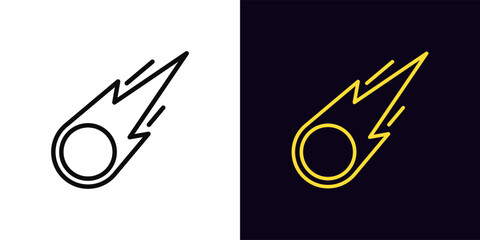 Outline meteorite icon, with editable stroke. Falling meteor with fire tail, fireball icon. Comet flight, space meteorite fly, fire asteroid, burning meteor with trail, falling star. Vector icon