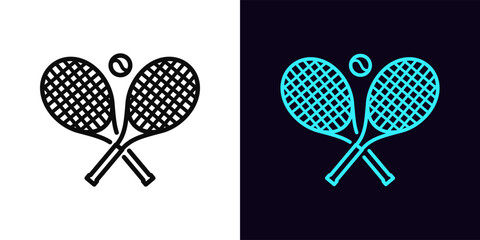 Outline tennis racket icon, with editable stroke. Rackets crosshair with ball, tennis game icon. Two rackets cross sign, tennis tournament and championship, sport court for training. Vector icon