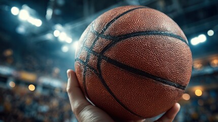 A hand grips a basketball, ready for the upcoming game in a packed arena. Bright lights illuminate the court, building excitement among fans anticipating the match.