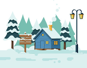 Winter cabin surrounded by snow-covered pine trees and wooden signpost with street lamp in snowy landscape vector illustration