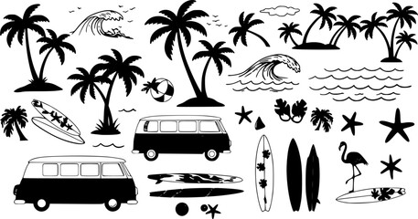 A tropical beach and surf-themed vector set with palm trees, waves, surfboards, a van, flamingos, and ocean elements in a bold black silhouette style. 