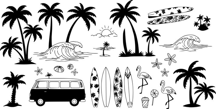 A tropical beach and surf-themed vector set with palm trees, waves, surfboards, a van, flamingos, and ocean elements in a bold black silhouette style.
