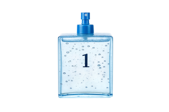 Clear blue liquid spray bottle with bubbles and number one isolated on transparent background