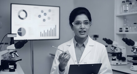 Female scientist presenting data in a laboratory environment with scientific background and equipment showcasing research and analysis