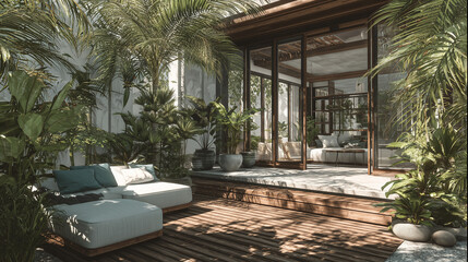 Fototapeta premium Modern tropical backyard exterior design with lush greenery, wooden deck, and relaxing outdoor living space, perfect for home and lifestyle concepts.
